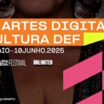 Cartaz do 2° Festival de Artes Digitais, com o tema 'Cultura DEF'. O evento ocorrerá de 5 de maio a 10 de junho de 2025, como parte do 28° Cultura Festival Unlimited. No rodapé, há um destaque com os dizeres 'Confira o regulamento'.