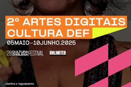 Cartaz do 2° Festival de Artes Digitais, com o tema 'Cultura DEF'. O evento ocorrerá de 5 de maio a 10 de junho de 2025, como parte do 28° Cultura Festival Unlimited. No rodapé, há um destaque com os dizeres 'Confira o regulamento'.