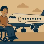 Desenho criado por IA com um cadeirante e um avião.