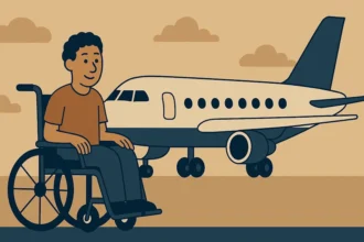 Desenho criado por IA com um cadeirante e um avião.