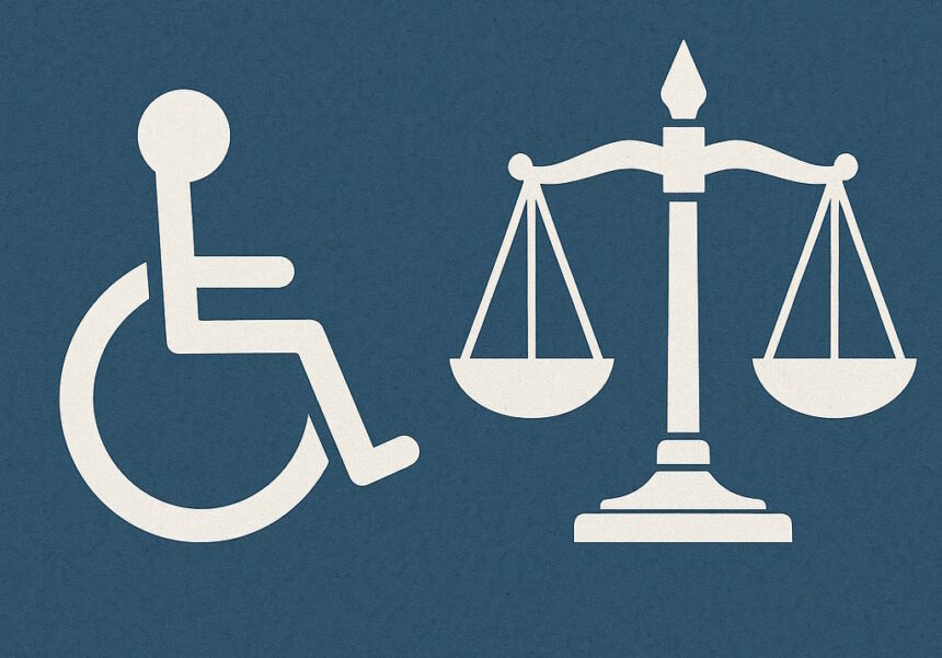 Símbolos das pessoas com deficiência e da justiça.
