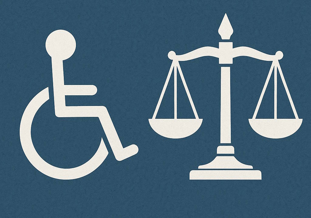 Símbolos das pessoas com deficiência e da justiça.