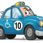 Ilustração de um carro azul com expressão determinada no para-brisa, como se tivesse olhos e sobrancelhas franzidas. O carro possui o símbolo internacional de acessibilidade (cadeira de rodas) nas portas e capô, e o número 10 em destaque na lateral. Na janela traseira, há um adesivo com o logotipo “Deficientes Indignados