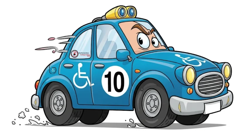 Ilustração de um carro azul com expressão determinada no para-brisa, como se tivesse olhos e sobrancelhas franzidas. O carro possui o símbolo internacional de acessibilidade (cadeira de rodas) nas portas e capô, e o número 10 em destaque na lateral. Na janela traseira, há um adesivo com o logotipo “Deficientes Indignados