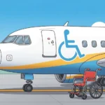Ilustração de um avião com símbolo internacional de acessibilidade estampado na fuselagem, sugerindo acessibilidade para pessoas com deficiência. Em frente à aeronave, há uma cadeira de rodas parada na pista.