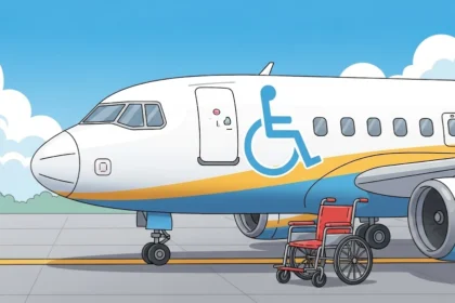 Ilustração de um avião com símbolo internacional de acessibilidade estampado na fuselagem, sugerindo acessibilidade para pessoas com deficiência. Em frente à aeronave, há uma cadeira de rodas parada na pista.