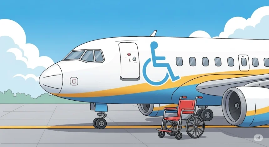 Ilustração de um avião com símbolo internacional de acessibilidade estampado na fuselagem, sugerindo acessibilidade para pessoas com deficiência. Em frente à aeronave, há uma cadeira de rodas parada na pista.