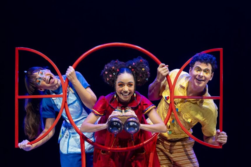 Três atores em trajes coloridos e maquiagem teatral posam com alegria em cena. Eles interagem com uma estrutura circular vermelha, sorrindo e expressando entusiasmo. A atriz ao centro segura binóculos e usa vestido vermelho com detalhes coloridos, enquanto os outros dois, uma mulher de azul e um homem de amarelo, completam a cena com expressões divertidas.