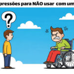 Ilustração de dois personagens em um fundo azul com nuvens. À esquerda, um homem em pé com expressão de dúvida e um balão com ponto de interrogação sobre a cabeça. À direita, um homem em cadeira de rodas visivelmente irritado. Acima, o texto: “10 expressões para NÃO usar com uma PCD”. No canto inferior esquerdo, o logotipo do site Deficientes Indignados.