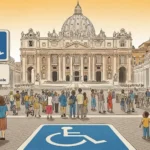**Texto alternativo (acessível - para leitores de tela):** Desenho gerado por IA mostra a Praça de São Pedro, no Vaticano, com várias pessoas caminhando em direção à Basílica de São Pedro. Em primeiro plano, há sinalizações de acessibilidade, incluindo uma placa azul com o símbolo de pessoa em cadeira de rodas e os dizeres “Jubileu 2025 com acessibilidade”. Várias pessoas com deficiência aparecem na cena, incluindo usuários de cadeiras de rodas e pessoas acompanhadas por crianças. Jubileu dos Jovens