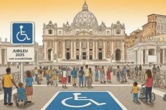 **Texto alternativo (acessível - para leitores de tela):** Desenho gerado por IA mostra a Praça de São Pedro, no Vaticano, com várias pessoas caminhando em direção à Basílica de São Pedro. Em primeiro plano, há sinalizações de acessibilidade, incluindo uma placa azul com o símbolo de pessoa em cadeira de rodas e os dizeres “Jubileu 2025 com acessibilidade”. Várias pessoas com deficiência aparecem na cena, incluindo usuários de cadeiras de rodas e pessoas acompanhadas por crianças. Jubileu dos Jovens