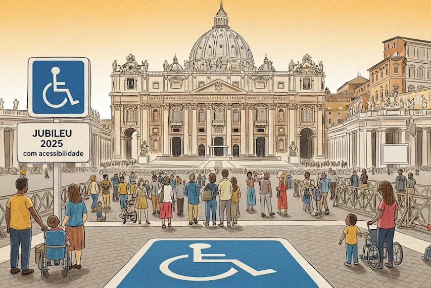 **Texto alternativo (acessível - para leitores de tela):** Desenho gerado por IA mostra a Praça de São Pedro, no Vaticano, com várias pessoas caminhando em direção à Basílica de São Pedro. Em primeiro plano, há sinalizações de acessibilidade, incluindo uma placa azul com o símbolo de pessoa em cadeira de rodas e os dizeres “Jubileu 2025 com acessibilidade”. Várias pessoas com deficiência aparecem na cena, incluindo usuários de cadeiras de rodas e pessoas acompanhadas por crianças. Jubileu dos Jovens