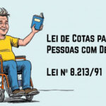Ilustração de um homem branco com cabelos grisalhos, sorridente, usando camiseta amarela e calça azul, sentado em uma cadeira de rodas. Ele ergue um livro azul com a mão direita, em gesto de comemoração. Ao lado, em destaque sobre fundo azul claro, está escrito: “Lei de Cotas para Pessoas com Deficiência – Lei nº 8.213/91