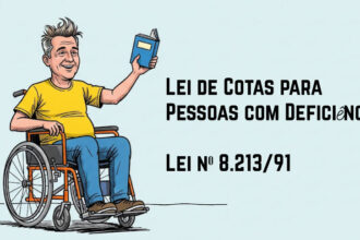 Ilustração de um homem branco com cabelos grisalhos, sorridente, usando camiseta amarela e calça azul, sentado em uma cadeira de rodas. Ele ergue um livro azul com a mão direita, em gesto de comemoração. Ao lado, em destaque sobre fundo azul claro, está escrito: “Lei de Cotas para Pessoas com Deficiência – Lei nº 8.213/91