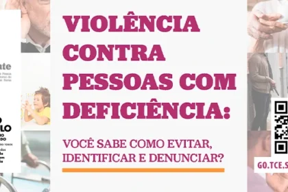 Um pôster informativo com o título "VIOLÊNCIA CONTRA PESSOAS COM DEFICIÊNCIA: VOCÊ SABE COMO EVITAR, IDENTIFICAR E DENUNCIAR?". O pôster é dividido em seções. No centro, o título em letras grandes, com "VIOLÊNCIA CONTRA" em rosa e "PESSOAS COM DEFICIÊNCIA:" em branco, e a pergunta abaixo em branco.