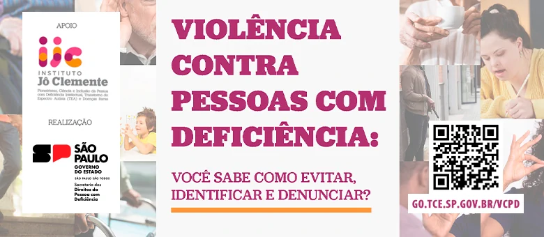 Um pôster informativo com o título "VIOLÊNCIA CONTRA PESSOAS COM DEFICIÊNCIA: VOCÊ SABE COMO EVITAR, IDENTIFICAR E DENUNCIAR?". O pôster é dividido em seções. No centro, o título em letras grandes, com "VIOLÊNCIA CONTRA" em rosa e "PESSOAS COM DEFICIÊNCIA:" em branco, e a pergunta abaixo em branco.