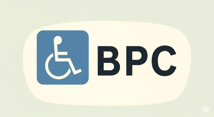 Imagem com fundo claro e o símbolo internacional de acessibilidade (cadeira de rodas estilizada em branco sobre fundo azul). Ao lado, as letras em negrito "BPC", que se referem ao Benefício de Prestação Continuada, destinado a pessoas com deficiência e idosos em situação de vulnerabilidade social.
