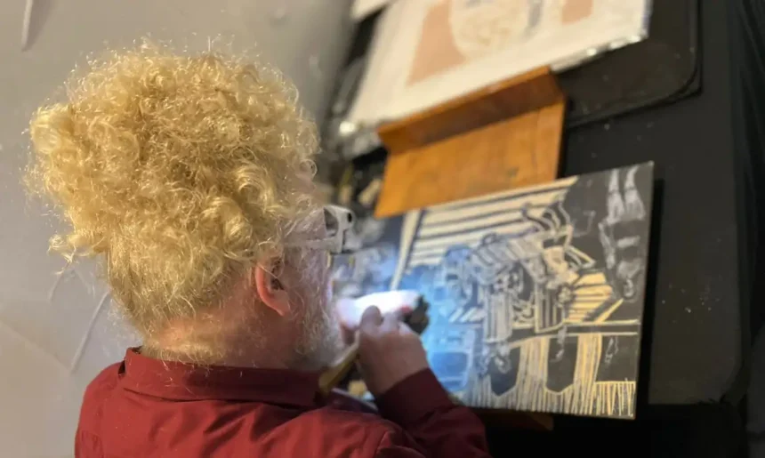 artista plástico Daniel Freita, com cabelos loiros encaracolados e óculos trabalha entalhando uma matriz de xilogravura.