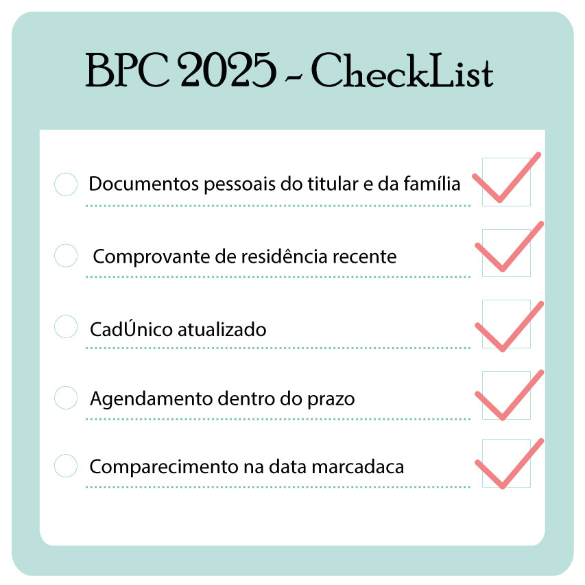 A imagem mostra um checklist com o título “BPC 2025 – CheckList” em destaque.
A lista contém cinco itens, todos marcados com um check vermelho, indicando que foram concluídos:
Documentos pessoais do titular e da família
Comprovante de residência recente
CadÚnico atualizado
Agendamento dentro do prazo
Comparecimento na data marcada
O fundo é em tom verde-claro