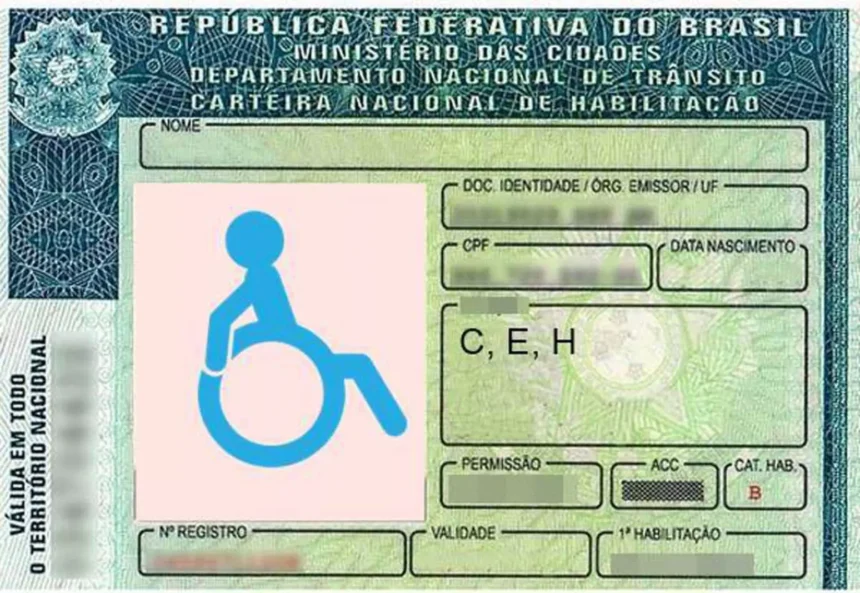 Imagem de uma Carteira Nacional de Habilitação (CNH) brasileira adaptada para pessoa com deficiência. No lado esquerdo da CNH, há um símbolo azul de acessibilidade.