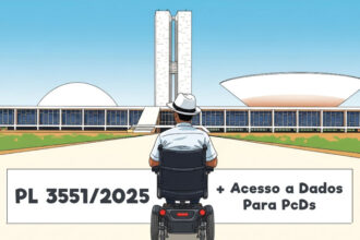 Ilustração de uma pessoa em cadeira de rodas motorizada, de costas, em frente ao Congresso Nacional em Brasília. Na parte inferior, aparece o texto: 'PL 3551/2025 + Acesso a Dados Para PcDs'.