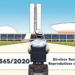 Ilustração de uma pessoa em cadeira de rodas motorizada, de costas, em frente ao Congresso Nacional em Brasília. Na parte inferior, aparece o texto: 'PL 3565/2020 – Direitos Sexuais e Reprodutivos das PcDs'.