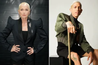 Montagem com duas pessoas. À esquerda, a Xuxa de cabelos claros curtos, usando blazer preto estruturado, posa com as mãos na cintura. À direita, o Ivan Baron de cabelos curtos descoloridos, usando jaqueta verde e shorts pretos, sentado, apoiado em uma bengala dourada.