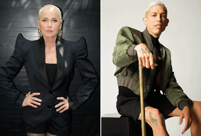 Montagem com duas pessoas. À esquerda, a Xuxa de cabelos claros curtos, usando blazer preto estruturado, posa com as mãos na cintura. À direita, o Ivan Baron de cabelos curtos descoloridos, usando jaqueta verde e shorts pretos, sentado, apoiado em uma bengala dourada.