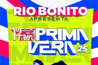 Cartaz colorido do 1º Festival da Primavera em Rio Bonito, que acontece de 3 a 5 de outubro, no Espaço de Eventos da Mangueirinha. As atrações principais são Dilsinho, Mari Fernandez e Jota Quest. No rodapé, constam os logotipos do Governo do Estado do Rio de Janeiro, Prefeitura de Rio Bonito e Secretaria de Cultura.