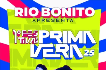 Cartaz colorido do 1º Festival da Primavera em Rio Bonito, que acontece de 3 a 5 de outubro, no Espaço de Eventos da Mangueirinha. As atrações principais são Dilsinho, Mari Fernandez e Jota Quest. No rodapé, constam os logotipos do Governo do Estado do Rio de Janeiro, Prefeitura de Rio Bonito e Secretaria de Cultura.