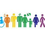 Ilustração colorida em estilo simples representando a diversidade das pessoas com deficiência. Da esquerda para a direita: pessoa em cadeira de rodas, pessoa surda, pessoa com deficiência intelectual, pessoa com deficiência visual, pessoa com membro amputado, criança com deficiência segurando a mão de um adulto, pessoa com nanismo e pessoa cega usando bengala.