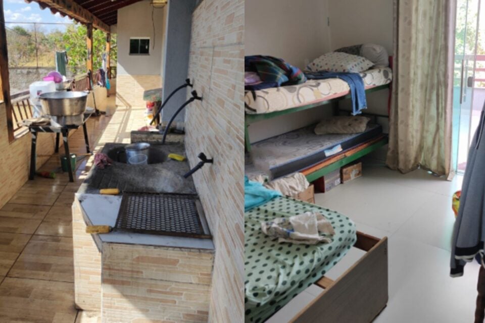 Montagem de duas imagens relacionadas a uma clínica clandestina. À esquerda, aparece uma área externa simples, com uma pia de inox presa à parede, um fogão improvisado e objetos espalhados, sugerindo condições precárias de higiene. À direita, vê-se um quarto com beliches de metal e uma cama de casal desarrumada, com roupas e pertences jogados pelo ambiente, transmitindo a sensação de desorganização e falta de estrutura adequada.