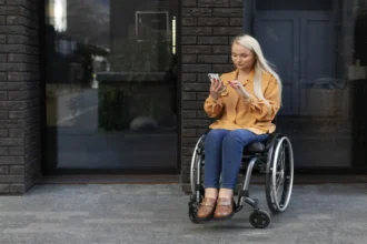 Mulher jovem usuária de cadeira de rodas está sentada em frente a um prédio de tijolos escuros. Ela veste blusa laranja e calça jeans, segura o celular e parece concentrada na tela.