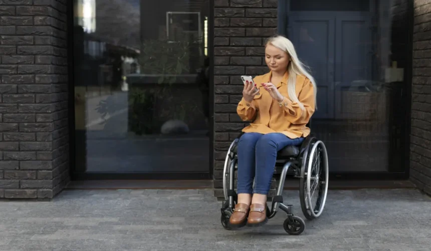 Mulher jovem usuária de cadeira de rodas está sentada em frente a um prédio de tijolos escuros. Ela veste blusa laranja e calça jeans, segura o celular e parece concentrada na tela.