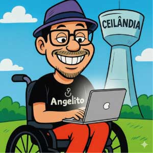 Vejo um personagem sorridente, usando chapéu, óculos e uma camiseta preta escrita “Angelito”, sentado em uma cadeira de rodas enquanto digita em um notebook. Ao fundo, há uma paisagem verde e a famosa caixa d’água de Ceilândia, bem representada.