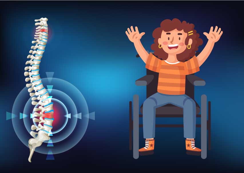 Ilustração com fundo azul mostrando, à esquerda, uma coluna vertebral destacada em branco com áreas em vermelho indicando lesão e círculos concêntricos em tom azul. À direita, uma mulher de cabelos cacheados castanhos, camiseta listrada laranja e calça jeans, sorridente e com os braços erguidos, sentada em uma cadeira de rodas.