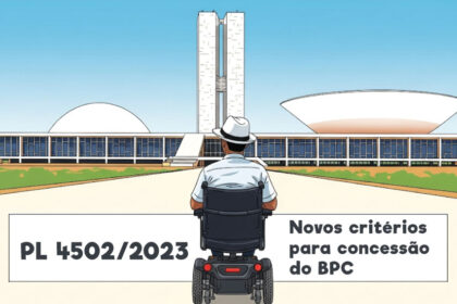 Ilustração de uma pessoa em cadeira de rodas, de chapéu branco, olhando para o Congresso Nacional em Brasília. Na frente da imagem, aparece a inscrição: 'PL 4502/2023 – Novos critérios para concessão do BPC