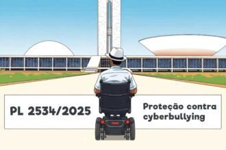 Ilustração de uma pessoa em cadeira de rodas motorizada olhando para o Congresso Nacional em Brasília. Na parte inferior, há um texto que diz: "PL 2534/2025 Proteção contra cyberbullying".