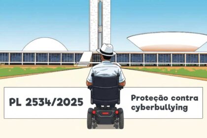 Ilustração de uma pessoa em cadeira de rodas motorizada olhando para o Congresso Nacional em Brasília. Na parte inferior, há um texto que diz: "PL 2534/2025 Proteção contra cyberbullying".