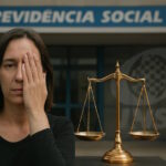 Uma mulher com expressão séria cobre o olho direito com a mão, em frente a uma balança da justiça dourada. Ao fundo, está a fachada de um prédio com as palavras "PREVIDÊNCIA SOCIAL" e o logo do INSS.