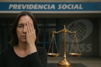 Uma mulher com expressão séria cobre o olho direito com a mão, em frente a uma balança da justiça dourada. Ao fundo, está a fachada de um prédio com as palavras "PREVIDÊNCIA SOCIAL" e o logo do INSS.