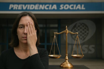 Uma mulher com expressão séria cobre o olho direito com a mão, em frente a uma balança da justiça dourada. Ao fundo, está a fachada de um prédio com as palavras "PREVIDÊNCIA SOCIAL" e o logo do INSS.
