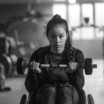 Foto em preto e branco de uma jovem em cadeira de rodas, usando uma barra de peso (halteres) em uma academia. Ela está de frente para a câmera, com uma expressão concentrada, e o cabelo preso em uma trança.