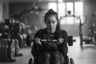 Foto em preto e branco de uma jovem em cadeira de rodas, usando uma barra de peso (halteres) em uma academia. Ela está de frente para a câmera, com uma expressão concentrada, e o cabelo preso em uma trança.