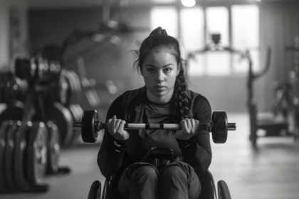 Foto em preto e branco de uma jovem em cadeira de rodas, usando uma barra de peso (halteres) em uma academia. Ela está de frente para a câmera, com uma expressão concentrada, e o cabelo preso em uma trança.