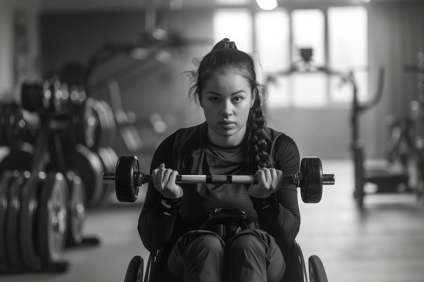 Foto em preto e branco de uma jovem em cadeira de rodas, usando uma barra de peso (halteres) em uma academia. Ela está de frente para a câmera, com uma expressão concentrada, e o cabelo preso em uma trança.