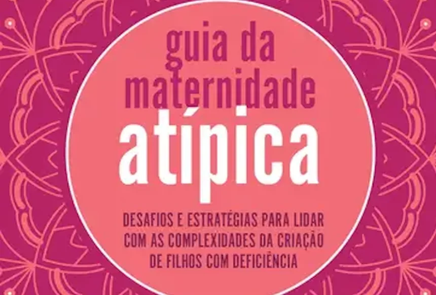Capa de livro com fundo em tons de rosa e magenta, com um padrão de mandala detalhado. No centro, um grande círculo rosa-claro contém o título "guia da maternidade atípica" em letras grandes, com as palavras "guia da maternidade" em rosa escuro e "atípica" em destaque, em rosa-claro. Abaixo, o subtítulo: "DESAFIOS E ESTRATÉGIAS PARA LIDAR COM AS COMPLEXIDADES DA CRIAÇÃO DE FILHOS COM DEFICIÊNCIA".