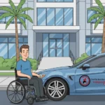 Ilustração de um homem em cadeira de rodas ao lado de um carro azul estacionado. No carro, está estampado o logotipo 'Deficientes Indignados Brasil'. Ao fundo, há um prédio moderno com rampas. na entrada, rodeado por árvores e mesas externas com guarda-sóis."- Pessoas com deficiência na reforma tributária.