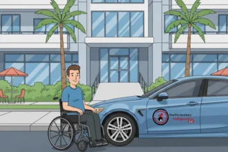 Ilustração de um homem em cadeira de rodas ao lado de um carro azul estacionado. No carro, está estampado o logotipo 'Deficientes Indignados Brasil'. Ao fundo, há um prédio moderno com rampas. na entrada, rodeado por árvores e mesas externas com guarda-sóis."- Pessoas com deficiência na reforma tributária.