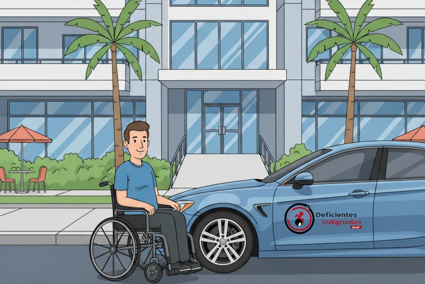 Ilustração de um homem em cadeira de rodas ao lado de um carro azul estacionado. No carro, está estampado o logotipo 'Deficientes Indignados Brasil'. Ao fundo, há um prédio moderno com rampas. na entrada, rodeado por árvores e mesas externas com guarda-sóis."- Pessoas com deficiência na reforma tributária.